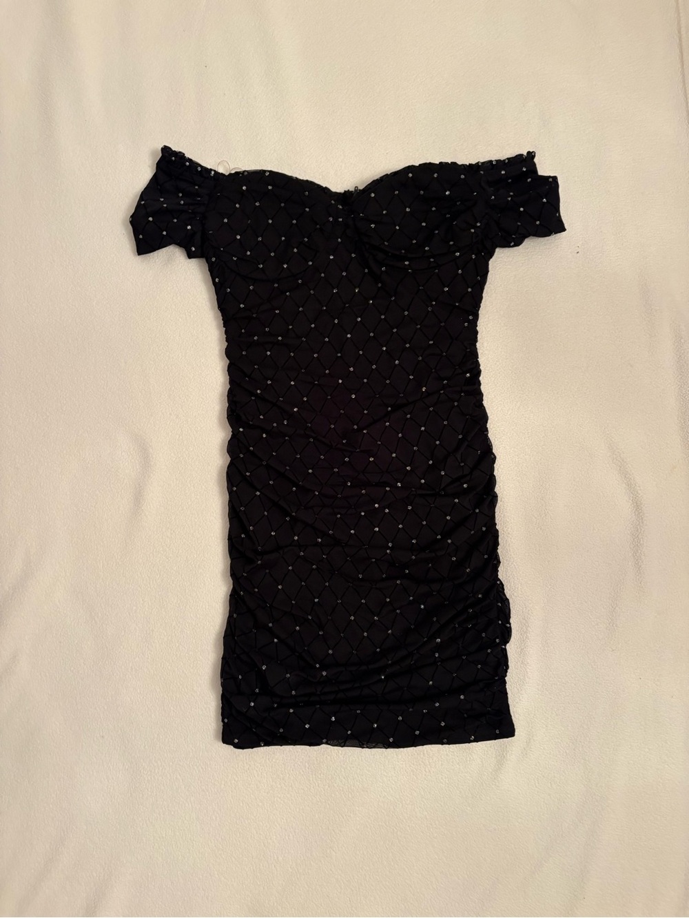 Black Off-Shoulder Ruched Mini Dress with Mini Embellished Detail
